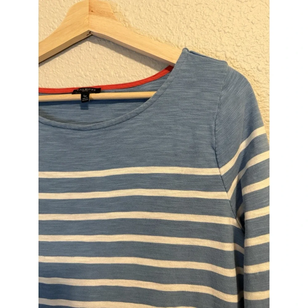Talbots Dress Size L Petite Large Blue White Striped 3/4 Sleeve 100% Cotton